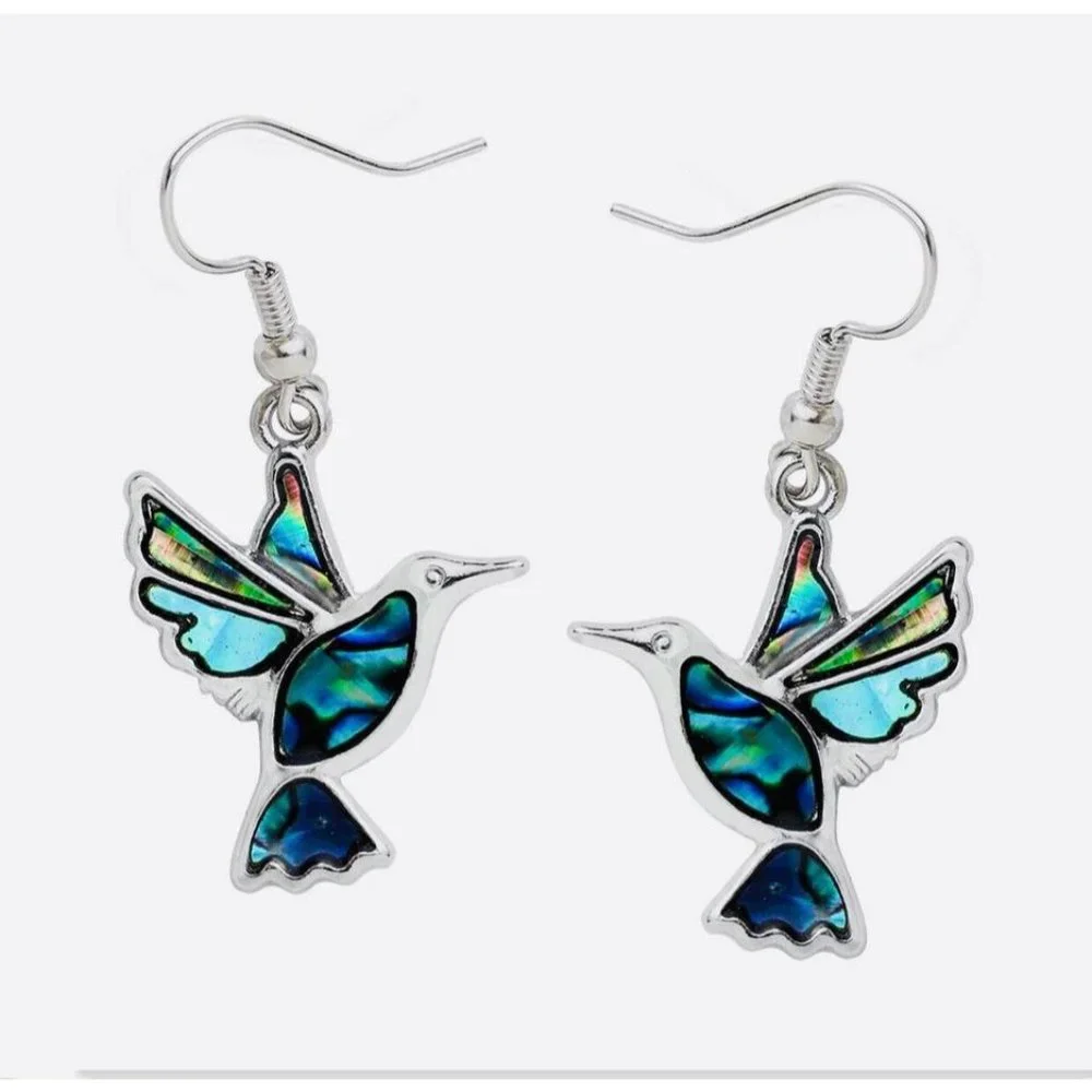 Abalone Hummingbird Earrings Silver Tone - Picture 1 of 3